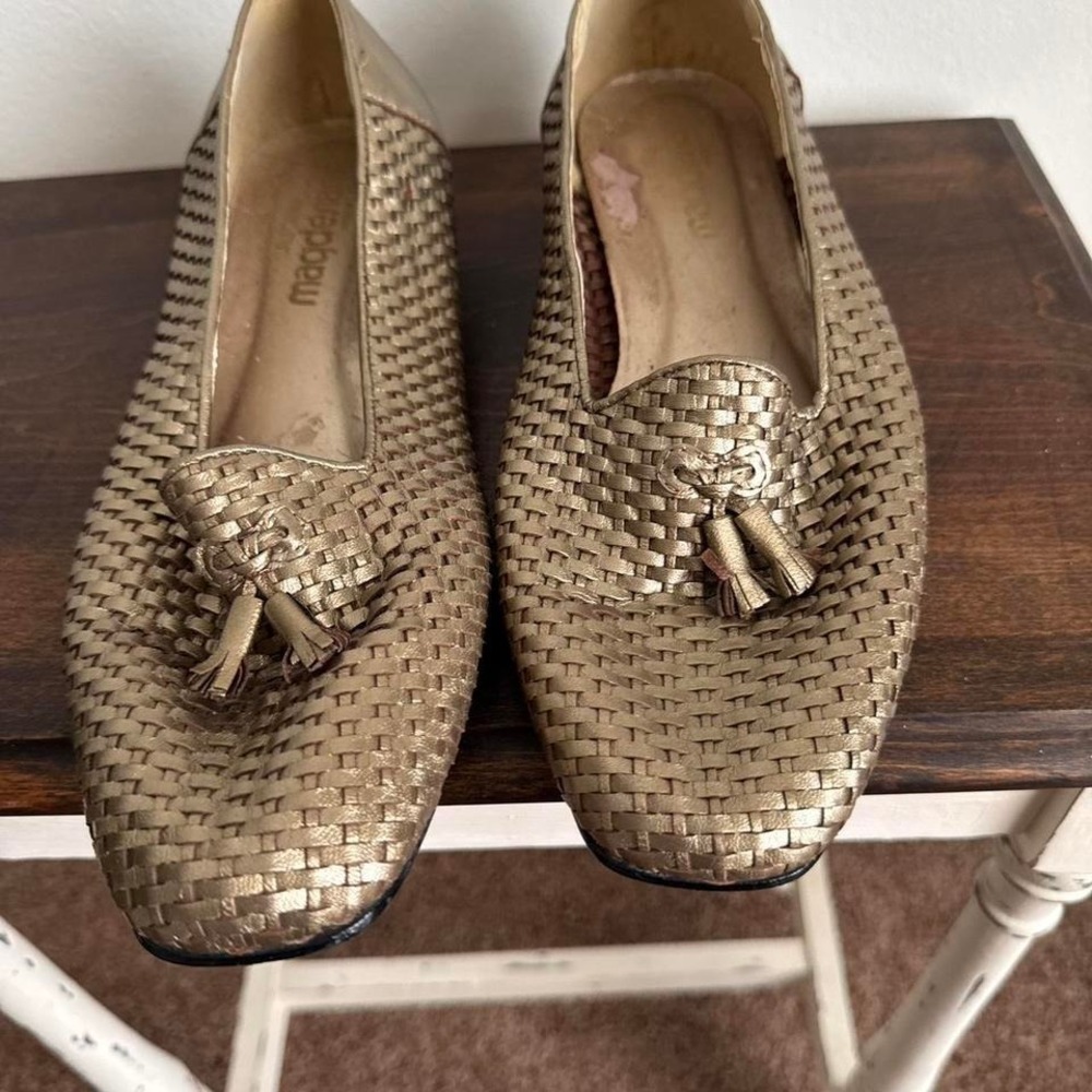 Vintage Gold Woven Leather Loafer Size 10 Wide basket braided tassel - Picture 3 of 8